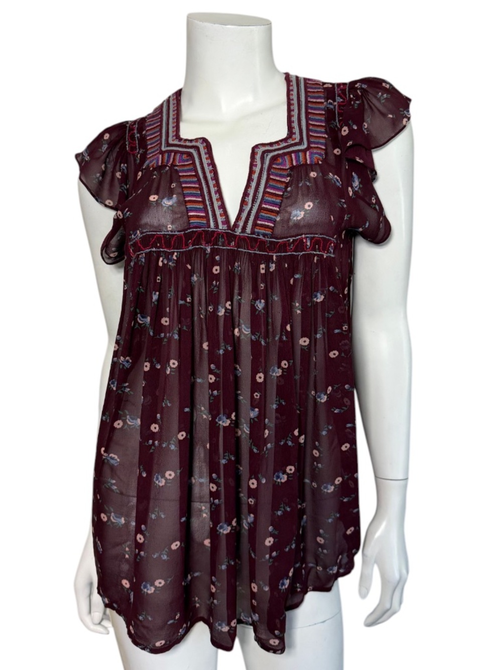 Ulla Johnson Burgundy Floral Silk Embroidered Flutter Sleeve Blouse Size 6